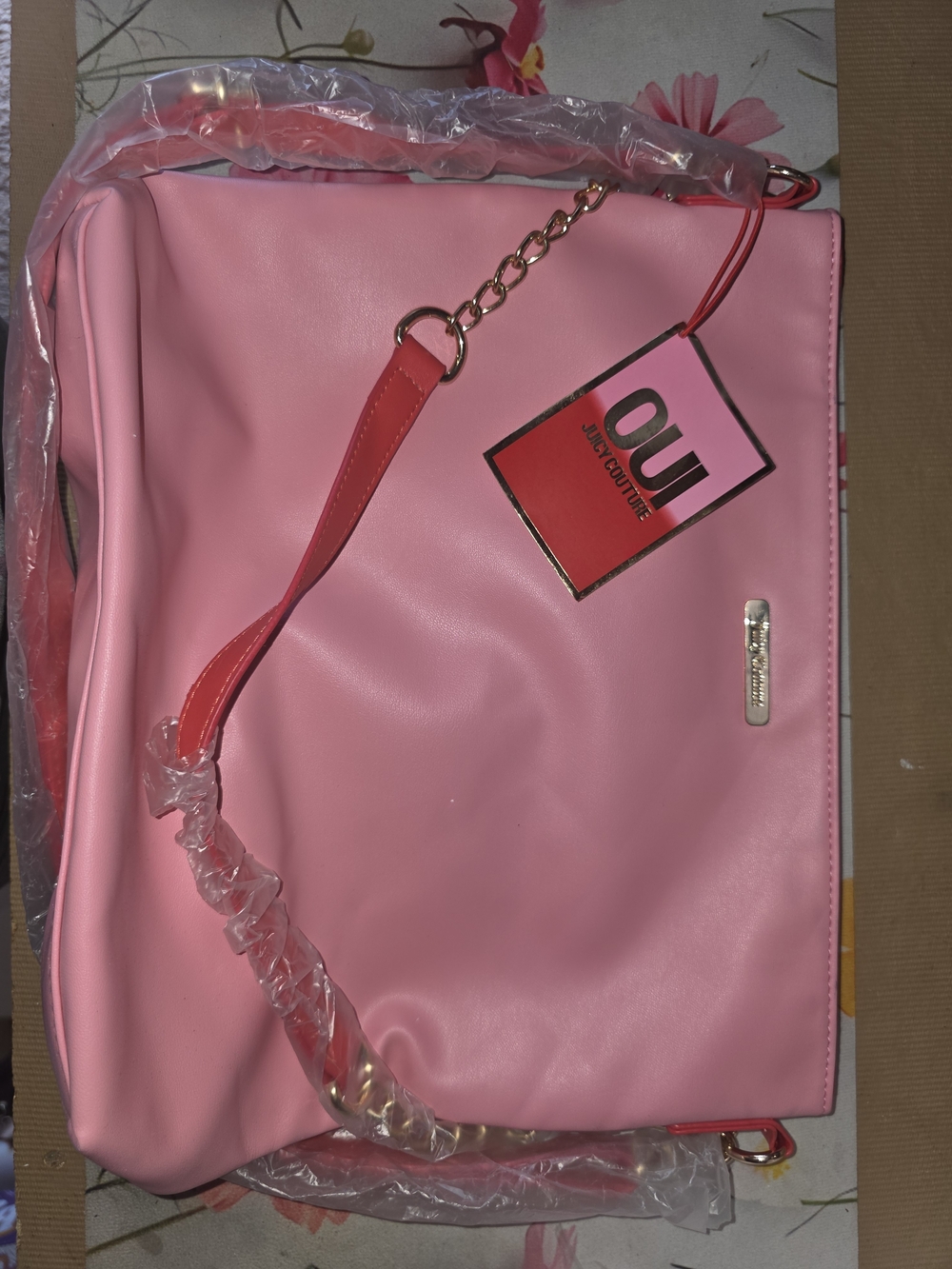 Juicy Couture Pink Shoulder Bag with Red Strap and Gold Chain